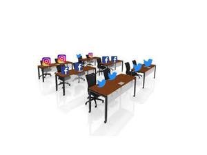 students desks with icons for twitter, facebook, and instagram in the student seats