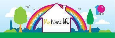 Image of a house with the words "my home life" inside and a rainbow that goes over the house