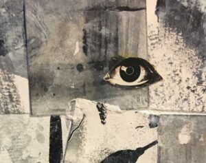 black and white collage image with multiple boxes and a large eye